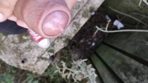 Uncut cock cumshot from a bridge close up