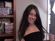 Skinny brunette sucks and fucks two men at once 1/16