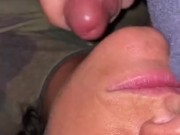Opening my mouth for him to jerk his cock on my wet tongue and lips. Cumshot on my tits! 😍😍🍆💦 14/16