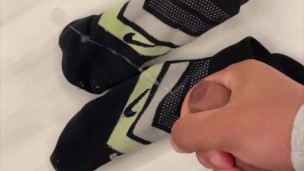 Boy is shooting load on his socsk!