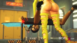 Cyberpunk sex. Hot 3d futanari plays with a sexy cuffed girl in sci-fi lab