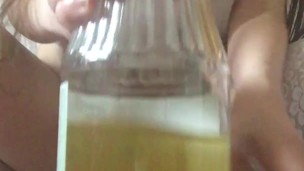 Right after waking up I peed in a jar in white stockings