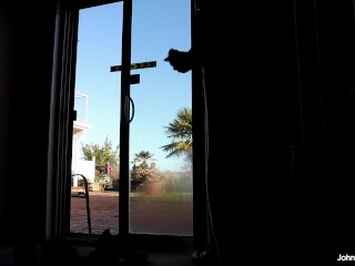 johnholmesjunior does solo show at airbnb for neighbours and guests watch him shoot huge cum load