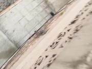 Cute girl does pee in her shorts and made a double waterfall