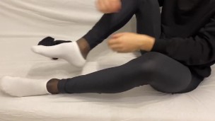 Boy take off socks,leggins and tights and put on black pantyhose 