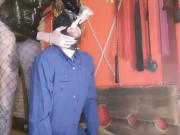 Sperm games. The dominatrix brings used condoms and pours the contents over her slave's head. 10/16