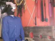 Sperm games. The dominatrix brings used condoms and pours the contents over her slave's head. 14/16