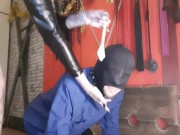 Sperm games. The dominatrix brings used condoms and pours the contents over her slave's head. 8/16