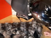 The slave worships the legs in pointed shoes. Shoes fetish. The slave kisses and licks the shoes. 3/16