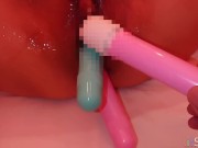 【驚愕!・必見!!】マンコに２本の電マ・アナルに１本の電マを挿入してクリトリスも電マ責め!!※イキ過ぎて痙攣してます。 5/16