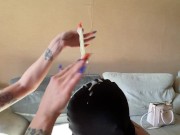 Dominatrix Nika brought her slave a condom with sperm. The humiliation of a slave. 8/16