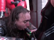 Two Dominatrix fucked the maid in the mouth and ass with strapons. latex fetish. 7/16