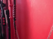 BDSM. Dominatrix whipped a slave who is in shackles. 9/16