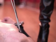 Nipple play. Dominatrix Nika twists the nipples of the slave, the grateful slave kisses her legs. 10/16