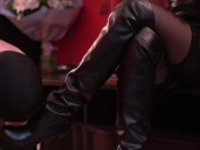 Nipple play. Dominatrix Nika twists the nipples of the slave, the grateful slave kisses her legs. 15/16