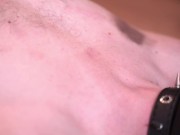 Nipple play. Dominatrix Nika twists the nipples of the slave, the grateful slave kisses her legs. 4/16