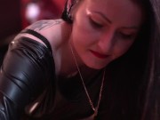 Nipple play. Dominatrix Nika twists the nipples of the slave, the grateful slave kisses her legs. 5/16