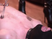 Nipple play. Dominatrix Nika twists the nipples of the slave, the grateful slave kisses her legs. 6/16