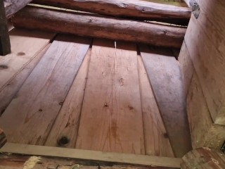 Jerking off, moaning and cumming in the hunters lodge by the forest