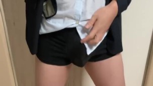 A Japanese office worker sprays myself in the mirror with sperm.