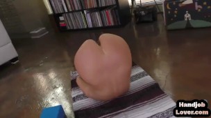 Yoga HJ babe footjobs POV oiled cock while rubs pussy
