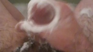 Horny hairy daddy bath time handjob and cum!