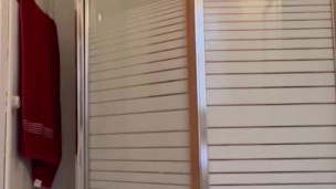 Chubby man showering 