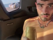 STUCK IN CAR JERKING BIG SLOPPY COCK DRIPPING ON BOUNCING BALLS IN PUBLIC TRAFFIC   15/16