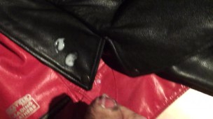 Short clip - Sandro cumming on a leather jacket's collar