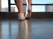 Dirty socks fetish, foot scent fetish, sock scent fetish. Dominatrix Nika puts her feet on the slave 7/16