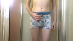Young Twink Pisses in White AE Boxer Briefs and Gets Hard