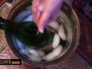 Two gorgeous and busty babes use a Champagne bottle as a sextoy 7/16