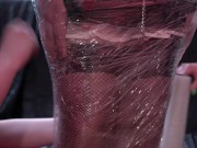 Two Mistresses tied up their maid with cling film and tickled her feet. Tickling, immobilization. 5/16