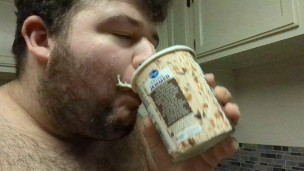 Fat hog chugging ice-cream