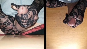 old jerk off buddy gives me handjob with gloves while wives are shopping