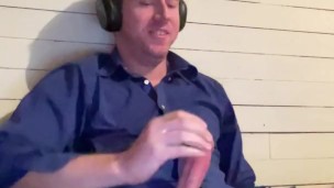 Cute Blonde Guy Masturbates in a Dress Shirt with Headphones on