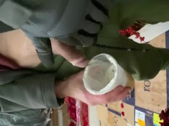 At work pissed in female boss coffee cup in the back of the truck watched her drink it sweat pants