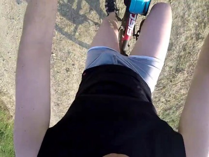 Naked and horny in public POV - Riding nude in nature, shaved body, masturbation until cumshot