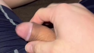 Jerking freshly shaved cock and cum shot