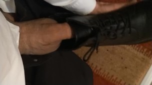 semi to hard, Randys hands free cum in friends black Dr. Martens boots