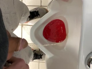 Running to gas station restroom desperate pissed in urinal and on floor moaning relief
