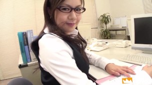 Young Japanese secretary with big boobs teases and get naughty at work