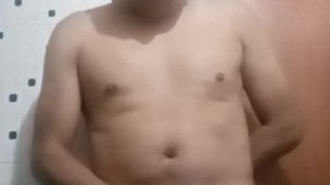 Latino bounces cum in the bathroom