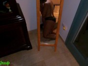 MILF jerks off, sucks and gets cumshot in front of mirror before licking cum off tip 11/16