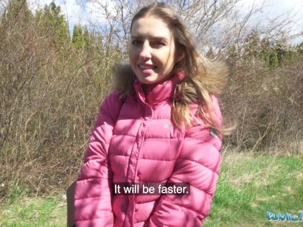 Public Agent A beautiful woman with a model looking figure gives and outdoor blowjob before fucking