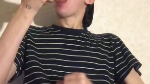  virgin sucks a dildo and jerks off his penis until he cums on his T-shirt