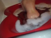 Dirty little slut takes a bubble bath in heart shaped tub and plays with feet 🛀😘💦 8/16