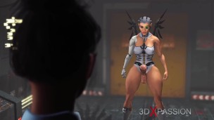 Cyber angel dickgirl plays with a sexy young ebony in the sci-fi lab