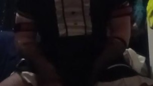 Cute Dino rides his favorite toy at night