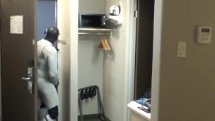 at hotel window and door I cum wearing bastard wetsuit, silicone hood